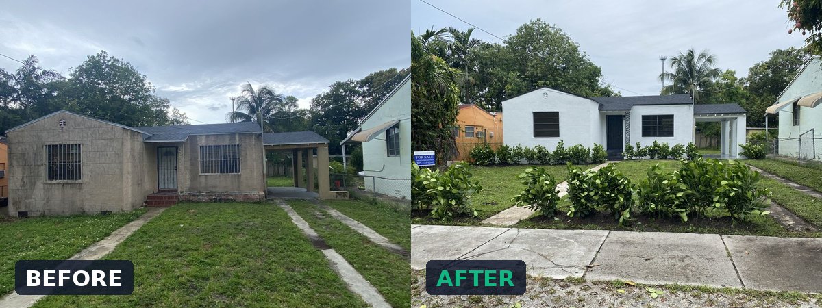 An Allapattah house Johnson Buys bought with bare block walls, and the same house after a full gut renovation